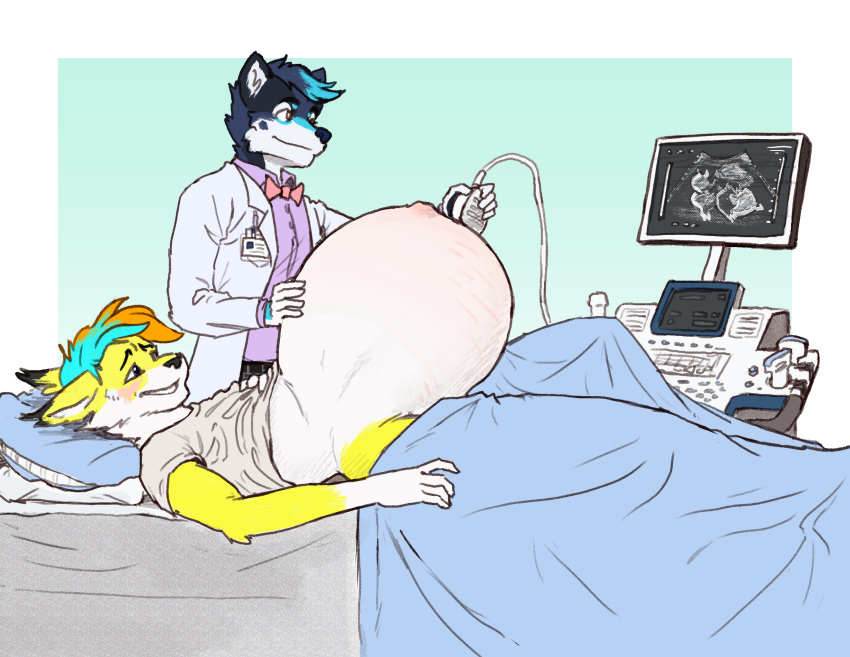 2022 absurd_res anthro bed belly big_belly blue_hair blue_highlights blush canid canine canis clothing doctor domestic_dog duo felid feline fur furniture hair hand_on_stomach hi_res highlights_(coloring) hospital hospital_bed hyper hyper_pregnancy lying lynx male mammal medical_examination medical_instrument navel necktie on_back on_bed orange_hair outie_navel pillow pregnant pregnant_male scientific_instrument screen shirt smile stretch_marks suit synthgoblin topwear ultrasound white_body white_fur yellow_body yellow_fur