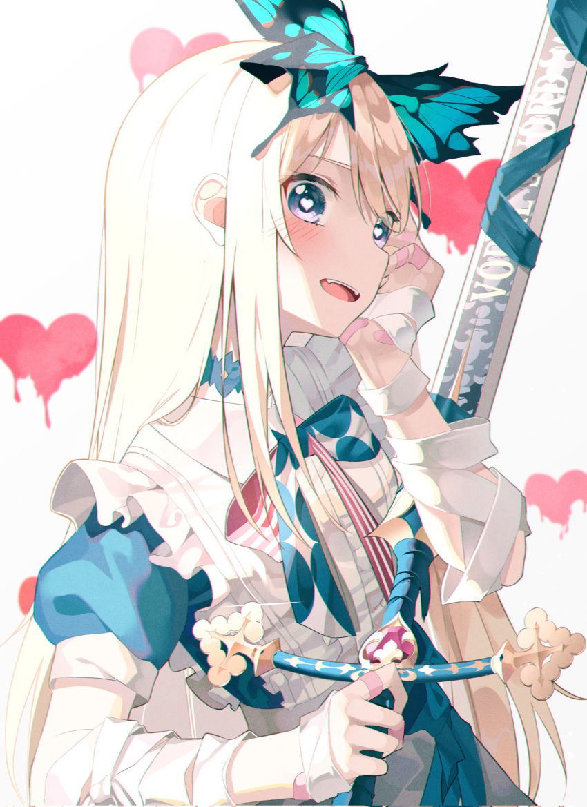 1girl alice_(grimlight) apron bandaged_arm bandages bandaid bandaid_on_hand bangs belt blonde_hair blue_bow blue_bowtie blue_choker blue_dress blue_eyes blush bow bowtie breasts butterfly_hair_ornament choker collared_dress dress english_commentary eyes_visible_through_hair fang fangs frills grey_apron grey_belt grimlight hair_between_eyes hair_ornament hand_on_own_face hands_up heart heart_background heart_in_eye highres holding holding_sword holding_weapon kanzi long_hair looking_at_viewer medium_breasts multicolored_bow multicolored_bowtie multicolored_eyes open_mouth pink_bow pink_bowtie puffy_short_sleeves puffy_sleeves purple_eyes short_sleeves smile sparkle striped striped_bow striped_bowtie sword symbol_in_eye tape teeth tongue upper_body upper_teeth weapon white_apron white_background