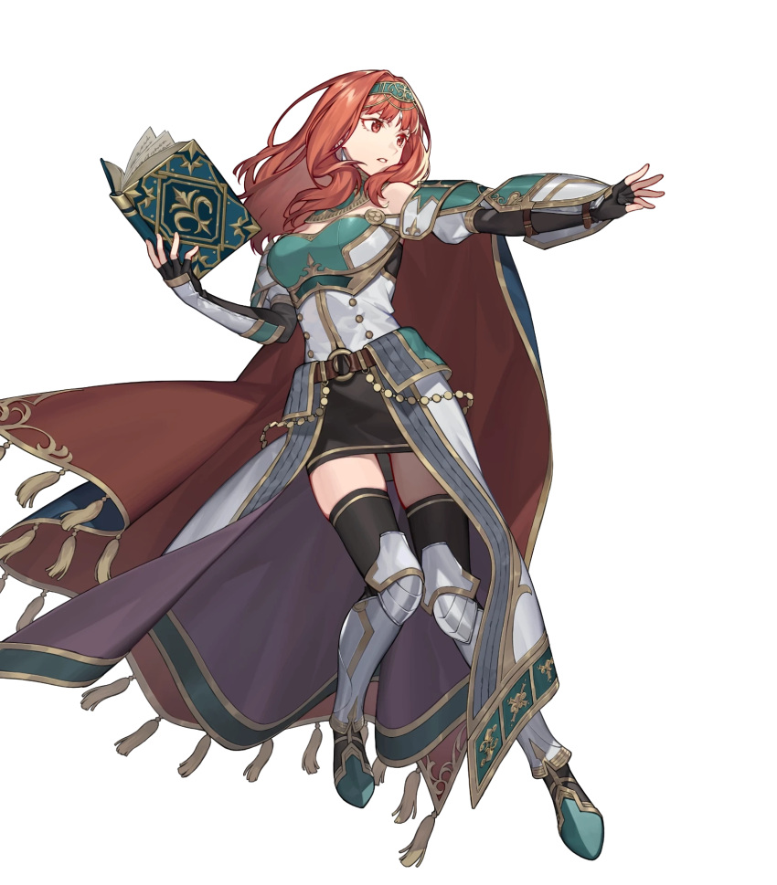 1girl armor armored_boots bangs bare_shoulders belt boots breastplate cape celica_(fire_emblem) dress earrings elbow_gloves fingerless_gloves fire_emblem fire_emblem_echoes:_shadows_of_valentia fire_emblem_heroes full_body gloves gold_trim hairband highres jewelry long_hair non-web_source noy official_art overskirt red_eyes red_hair shiny shiny_hair skirt thighhighs transparent_background zettai_ryouiki