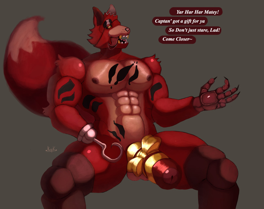 2022 abs absurd_res animatronic anthro areola balls biceps bow_ribbon canid canine dialogue digital_media_(artwork) english_text eye_patch eyewear five_nights_at_freddy's foreskin fox foxy_(fnaf) fur genitals hi_res humanoid_genitalia humanoid_penis kopk machine male mammal muscular muscular_anthro muscular_male nipples nude open_mouth open_smile pecs penis penis_wrap pirate red_body red_fur robot scottgames simple_background smile solo speech_bubble talking_to_viewer text thick_penis thick_thighs tongue tongue_out video_games