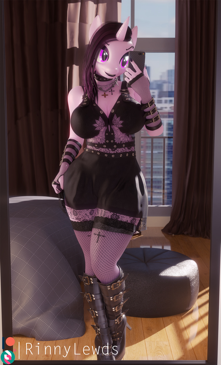 3d_(artwork) anthro anthrofied black_nail_polish black_nails boots bottomwear breasts cellphone choker cleavage clothed clothing collar colored_nails digital_media_(artwork) equid equine fingerless_gloves fishnet fishnet_legwear footwear gloves goth goth_izzy_(mlp) handwear hasbro hi_res high_heeled_boots high_heels holding_cellphone holding_object holding_phone holding_smartphone horn izzy_moonbow_(mlp) jewelry legwear mammal mlp_g5 my_little_pony nails necklace phone purple_eyes rinny selfie skirt smartphone stockings unicorn window