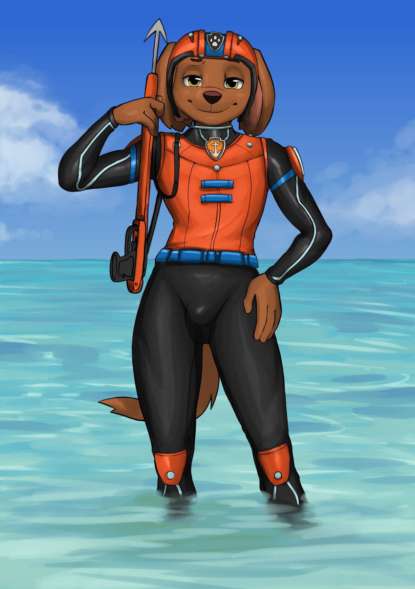 absurd_res anthro armor athletic bird_dog black_bottomwear black_clothing black_pants blue_sky bottomwear brown_body brown_fur brown_nose brown_tail bulge canid canine canis clothing cloud diacordst domestic_dog eyebrows fluffy fluffy_tail fur hand_on_hip harpoon harpoon_gun headgear helmet hi_res hunting_dog labrador long_sleeves male mammal melee_weapon orange_clothing orange_shirt orange_topwear orange_vest pants paw_patrol polearm pose raised_eyebrow retriever scuba_diver scuba_gear sea shirt sky slim smile smirk smug solo spear standing_in_water swimwear tight_bottomwear tight_clothing tight_pants topwear vest water weapon wetsuit yellow_eyes zuma_(paw_patrol)