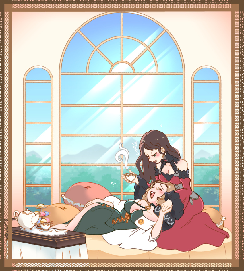 2girls breasts brown_hair cleavage cup dorothea_arnault dress fire_emblem fire_emblem:_three_houses food hair_slicked_back happy highres holding_hands lap_pillow long_hair looking_at_another lying macaron manuela_casagranda multiple_girls parted_lips pillow smile steam teacup teapot vergolophus wavy_hair window yuri