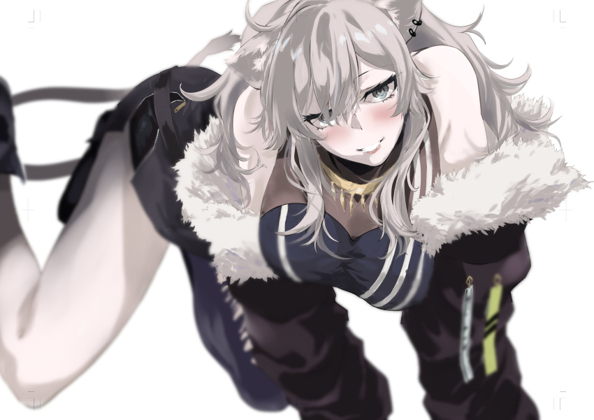 1girl absurdres all_fours animal_ears black_jacket black_pantyhose black_shirt black_skirt blurry blush breasts commentary depth_of_field ear_piercing eyebrows_hidden_by_hair feet_out_of_frame fur-trimmed_jacket fur_trim grey_eyes grey_hair grin hair_between_eyes highres hololive jacket jewelry large_breasts lion_ears lion_girl lion_tail lips long_hair looking_at_viewer miniskirt necklace off_shoulder open_clothes open_jacket pantyhose piercing shirt shishiro_botan simple_background single_leg_pantyhose skirt sleeveless sleeveless_shirt smile solo striped striped_shirt tail teeth tomomi_(tadaresan) torn_clothes torn_legwear vertical-striped_shirt vertical_stripes virtual_youtuber white_background zipper_skirt
