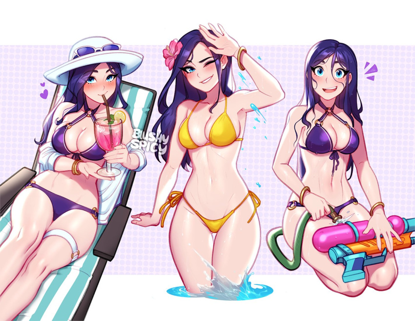 1girl alternate_costume bangs bikini blush blushyspicy bracelet breasts caitlyn_(league_of_legends) cleavage commentary eyewear_on_headwear flower hair_flower hair_ornament hat jewelry large_breasts league_of_legends long_hair looking_at_viewer lying multiple_views pink_flower pool_party_caitlyn purple_bikini sitting smile standing sun_hat sunglasses swimsuit water yellow_bikini