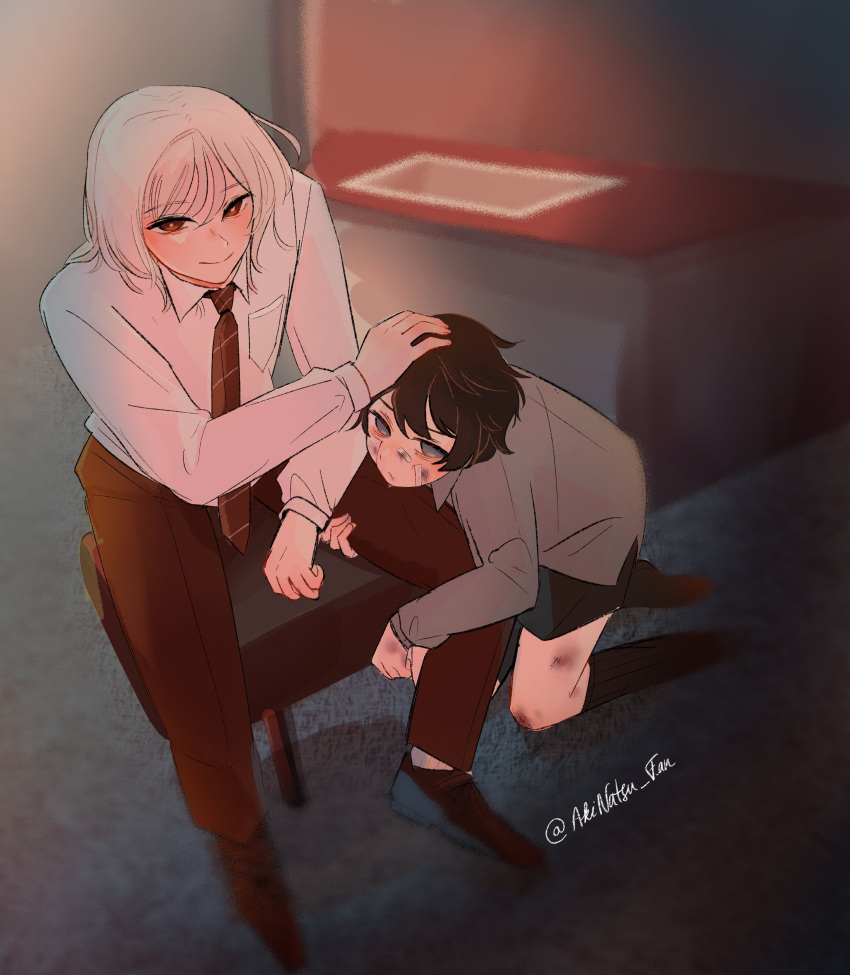 2boys absurdres age_difference aged_down akinashi_haru akinatsu_fan bandage_on_face bandages black_hair black_shorts black_socks blonde_hair blush breast_pocket bright_pupils bruise chair collared_shirt commentary double-parted_bangs dress_shoes english_commentary frown full_body grey_eyes grey_shirt hair_between_eyes headpat height_difference highres hugging_another's_leg injury kneehighs kneeling long_sleeves male_focus medium_hair multiple_boys necktie on_chair pants pocket red_eyes red_necktie red_pants saihate_eki shirt short_hair shorts sidelocks sitting smile socks tatsunami_shion twitter_username white_pupils white_shirt white_socks yaoi