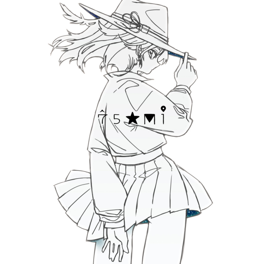1girl adjusting_clothes adjusting_headwear alternate_costume arm_behind_back ass character_name commentary from_behind hat hat_ribbon highres long_sleeves looking_back medium_hair ribbon shirt skirt solo spot_color star_(sky) star_(symbol) touhou uewtsol usami_renko white_background