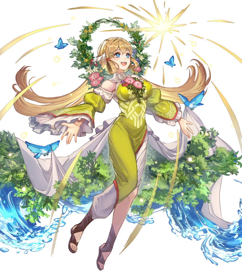 1girl bangs blonde_hair blue_eyes breasts dress fire_emblem fire_emblem_heroes flower full_body green_dress hair_ornament highres long_hair medium_breasts nijihayashi non-web_source official_art puffy_sleeves shiny shiny_hair toeless_footwear toes transparent_background turtleneck wide_sleeves ymir_(fire_emblem_heroes)