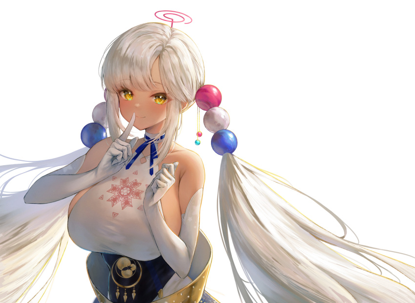 1girl absurdres breasts closed_mouth elbow_gloves gloves highres hololive hololive_english ijac_ray index_finger_raised large_breasts long_hair looking_at_viewer simple_background smile solo tsukumo_sana twintails virtual_youtuber white_background white_gloves white_hair yellow_eyes