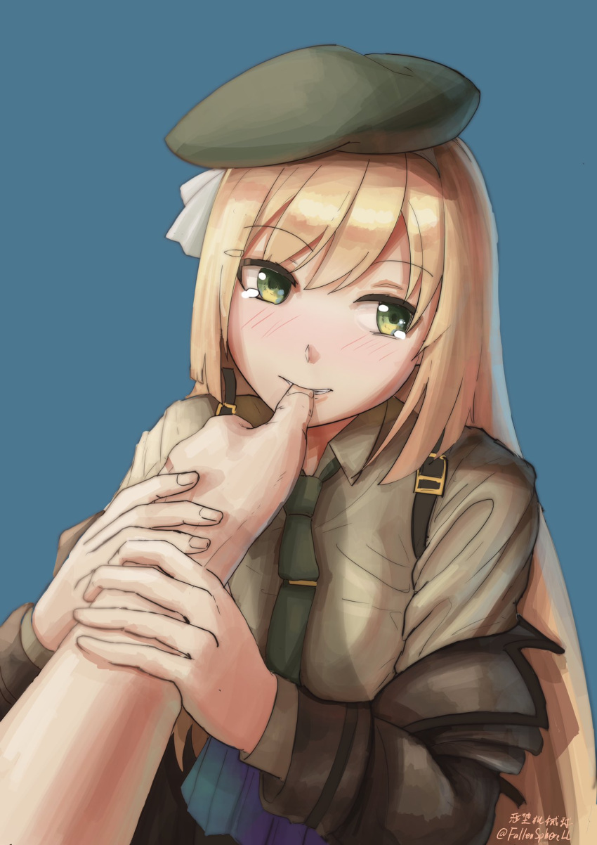 1boy 1girl artist_name beret biting blonde_hair blue_background blush eyebrows_hidden_by_hair fallenspherell finger_biting garand_thumb girls'_frontline green_eyes hat highres long_hair m1_garand_(girls'_frontline) necktie smile suspenders twitter_username