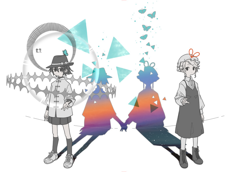 2girls alternate_costume black_skirt black_socks blue_butterfly boots bow bug butterfly butterfly_on_head buttons closed_mouth collared_shirt commentary_request dress hat hat_bow hat_ribbon highres holding_hands long_sleeves looking_to_the_side maribel_hearn mob_cap multiple_girls pinafore_dress red_ribbon ribbon shadow shards shirt shoes short_hair sidelocks skirt sleeveless sleeveless_dress socks standing touhou translation_request uewtsol usami_renko white_background white_shirt white_shoes