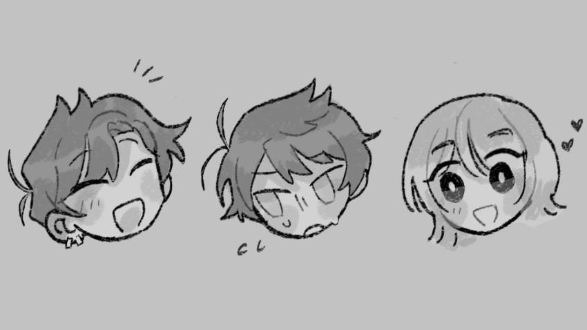 3boys :d akinashi_haru akinashi_natsuki akinatsu_fan antenna_hair blush brothers chibi chibi_only closed_eyes commentary_request ear_piercing flying_sweatdrops gloom_(expression) greyscale hair_between_eyes heart male_focus medium_hair monochrome motion_lines multiple_boys open_mouth piercing saihate_eki short_hair siblings sidelocks simple_background smile sweat tatsunami_shion wide-eyed