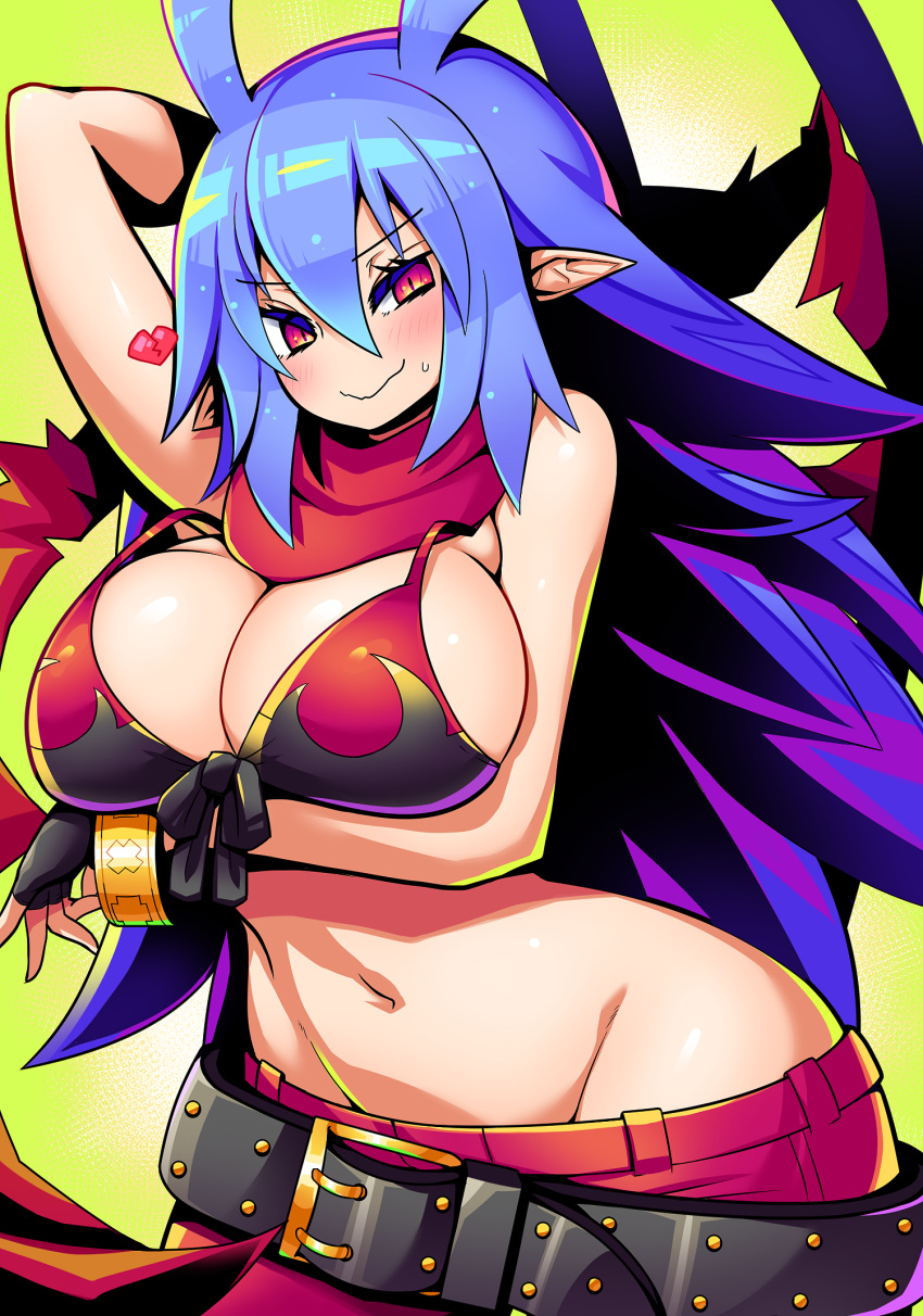 1girl antenna_hair belt bikini bikini_top_only blue_hair bracelet breasts disgaea disgaea_d2 fingerless_gloves flame_print genderswap genderswap_(mtf) gloves heart highres jewelry kara_age laharl laharl-chan large_breasts long_hair naughty_face navel pointy_ears red_eyes scarf smile swimsuit