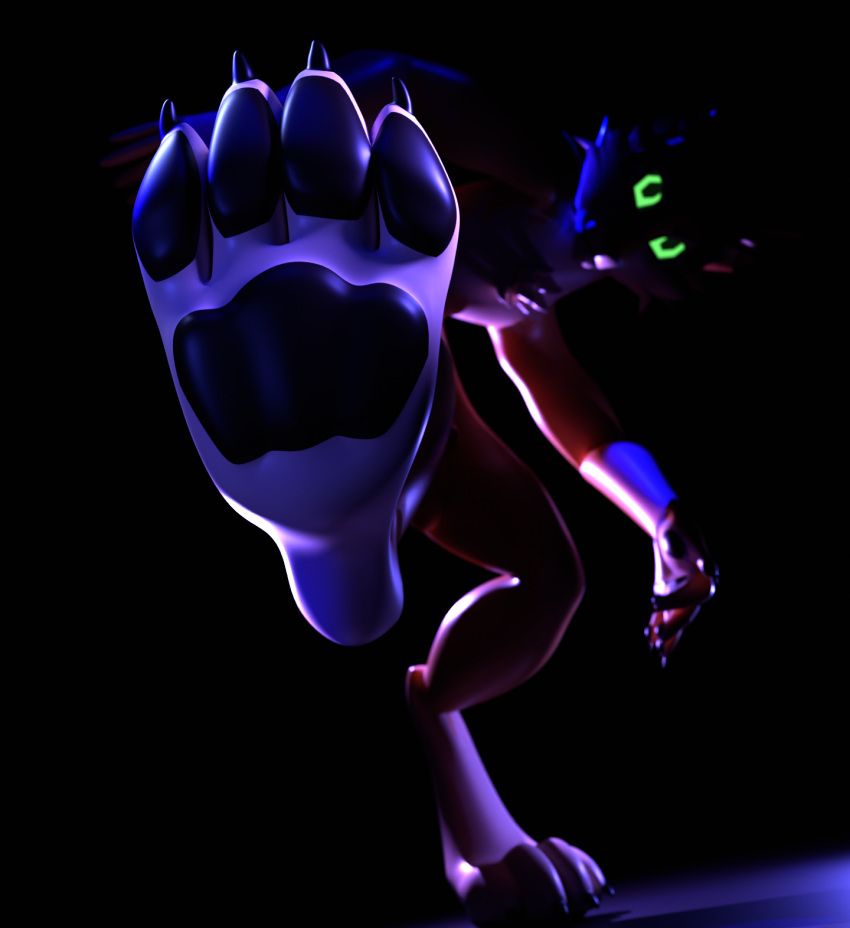 3d_(artwork) 4_toes action_pose anthro big_feet black_background blender_(software) cheek_tuft claws digital_media_(artwork) digitigrade dramatic_lighting edge_lighting facial_tuft feet felid first_person_view foot_fetish foot_focus foxygrandpaa glistening glistening_body glowing glowing_eyes green_eyes hi_res macro male mammal micro night orange_body pawpads paws pose simple_background size_difference solo stepped_on toes tuft white_feet