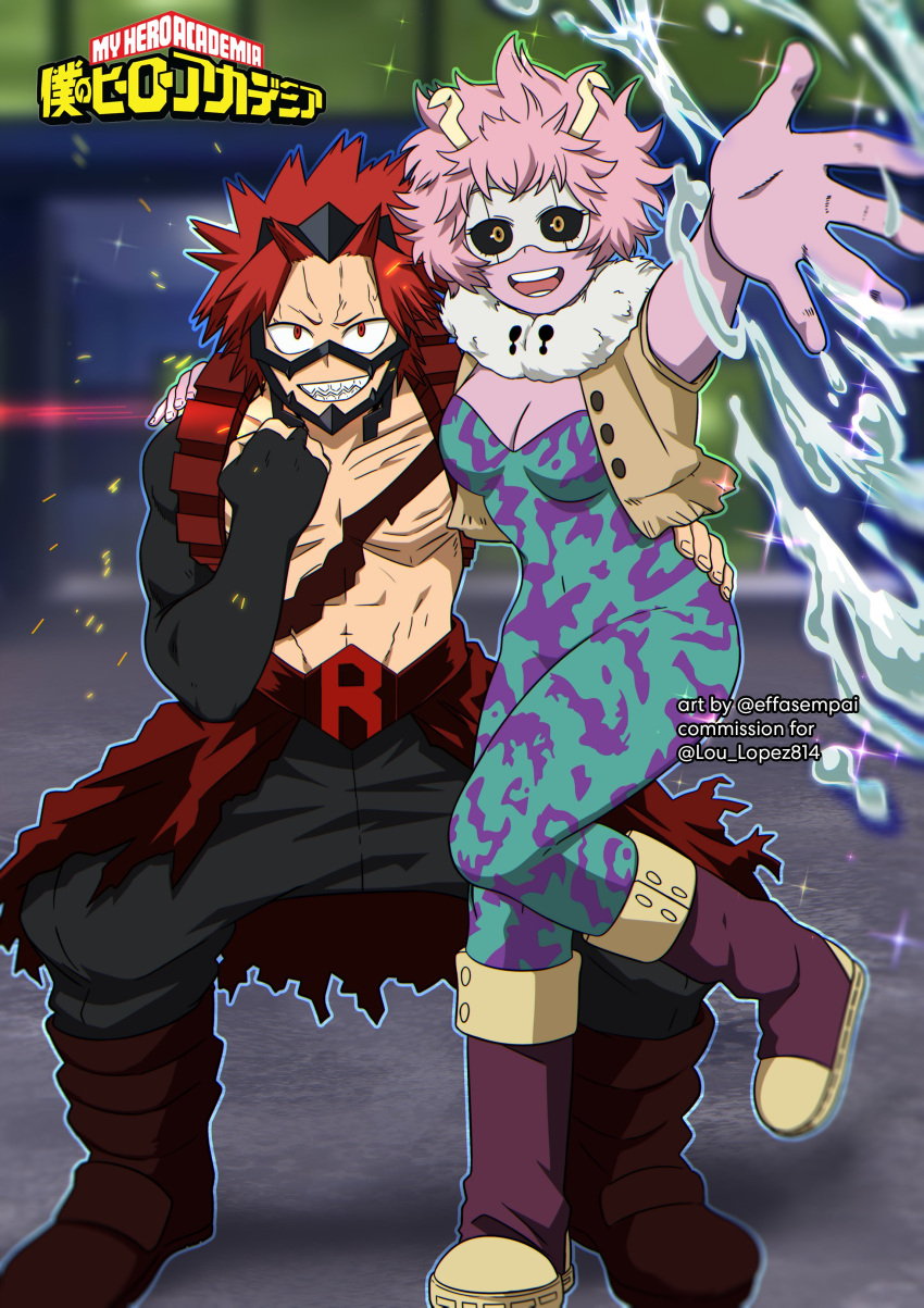 1boy 1girl abs absurdres ashido_mina belt bodysuit boku_no_hero_academia boots breasts effasempai from_behind hand_on_another's_ass hand_on_another's_shoulder highres horns kirishima_eijirou large_breasts mask pink_hair red_eyes red_hair short_hair smile teeth tongue vest yellow_eyes