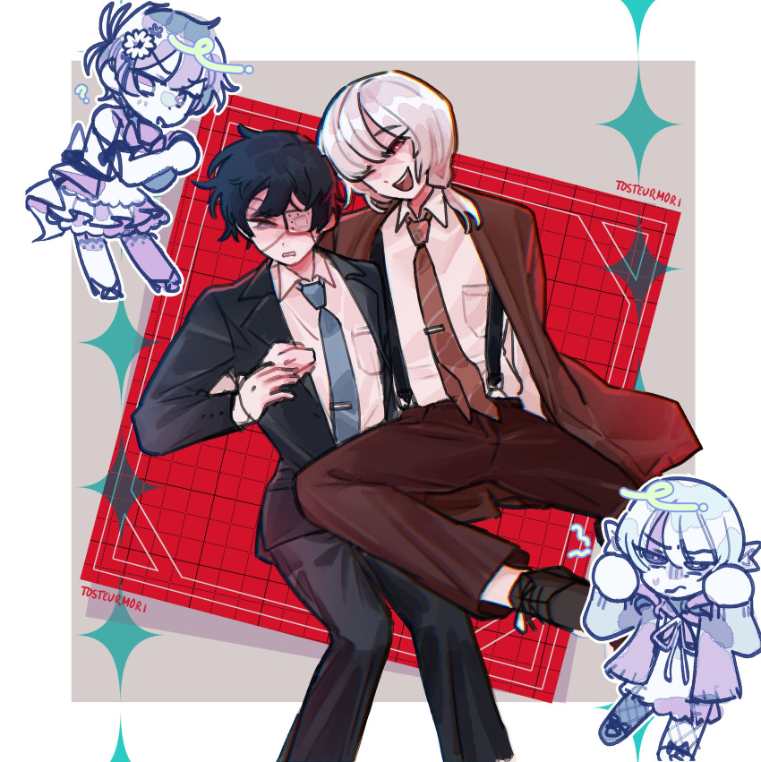 2boys :d absurdres akinashi_haru apron artist_name black_hair black_jacket black_pants black_shoes blonde_hair blue_necktie blunt_bangs border breast_pocket bright_pupils brown_cardigan cardigan chibi chibi_inset collared_shirt commentary crossdressing crossdressing_(mtf) double-parted_bangs dress dress_shoes embarrassed english_commentary enmaided eyepatch feet_out_of_frame frilled_apron frilled_dress frills full_body garter_straps grey_background grey_eyes grid_background hair_between_eyes highres hug hug_from_side jacket long_sleeves looking_at_another maid male_focus medical_eyepatch medium_hair multiple_boys necktie open_cardigan open_clothes open_jacket open_mouth outside_border pants peanut_mouth pocket red-eye_effect red_background red_necktie red_pants saihate_eki shirt shoes short_hair sidelocks simple_background sitting smile smug suit_jacket suspenders tatsunami_shion teeth thighhighs tie_clip tosteurmori upper_teeth_only white_border white_pupils yaoi