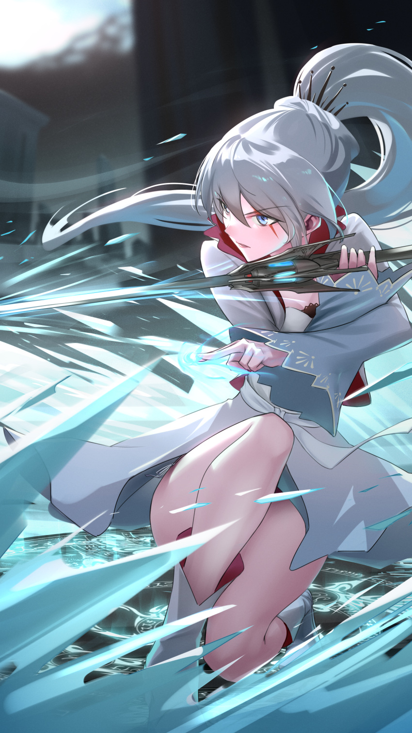 1girl absurdres blue_eyes boots closed_mouth dress energy floating_hair full_body hair_ornament highres holding holding_sword holding_weapon long_hair myrtenaster ponytail rapier rwby scar scar_across_eye short_dress solo somebody_(leiking00) sword thighs tiara v-shaped_eyebrows weapon weiss_schnee white_dress white_footwear white_hair wide_sleeves