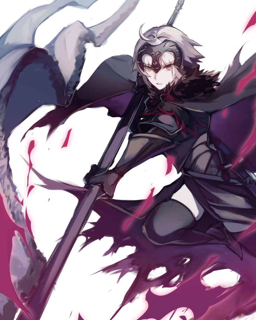 1girl absurdres ahoge armor armored_dress black_armor black_cape black_dress black_gloves black_thighhighs cape commentary dress fate/grand_order fate_(series) fire flag fur-trimmed_cape fur_trim gauntlets gloves headpiece highres holding holding_flag holding_weapon jeanne_d'arc_alter_(avenger)_(fate) jeanne_d'arc_alter_(avenger)_(first_ascension)_(fate) jeanne_d'arc_alter_(fate) kashia looking_back purple_fire short_hair simple_background solo sword thighhighs thighs torn_cape torn_clothes weapon white_background white_hair yellow_eyes