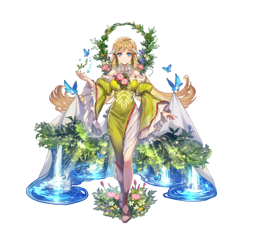 1girl absurdres animal bangs bird blonde_hair blue_eyes breasts bug butterfly closed_mouth commentary_request dress fire_emblem fire_emblem_heroes flower full_body grass green_dress hair_ornament highres long_hair looking_at_viewer medium_breasts nijihayashi official_art puffy_sleeves shiny shiny_hair simple_background smile solo standing toeless_footwear toes turtleneck water water_drop white_background wide_sleeves ymir_(fire_emblem_heroes)