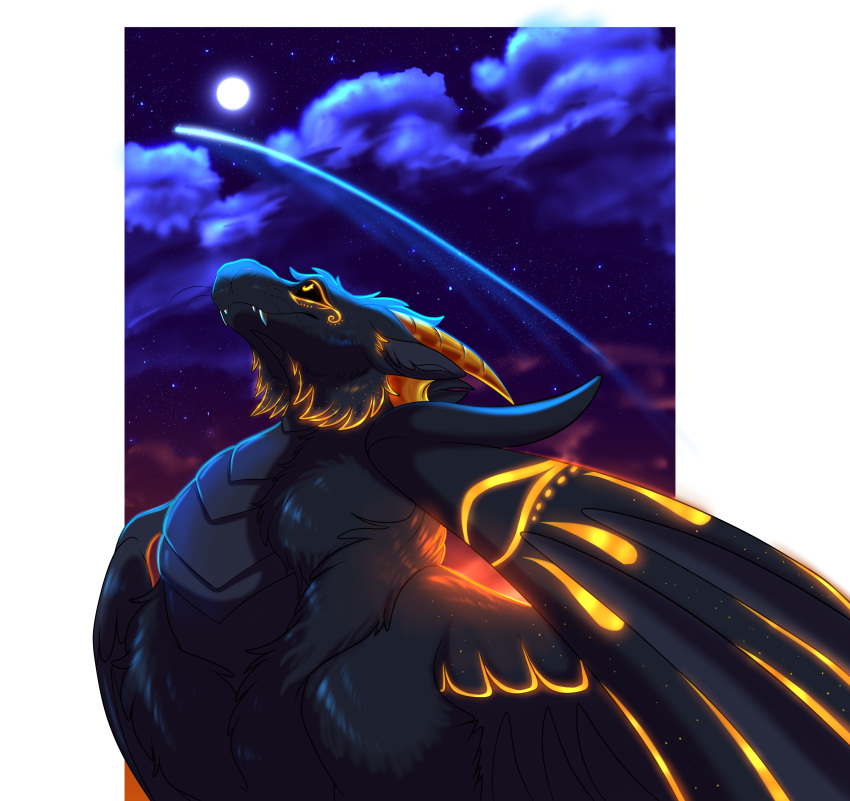 2022 absurd_res ambiguous_gender black_body black_fur black_sclera detailed_background digital_media_(artwork) dragon feathered_dragon feathered_wings feathers feral fur furred_dragon hi_res moon night outside plaguedogs123 sky solo star starry_sky wings
