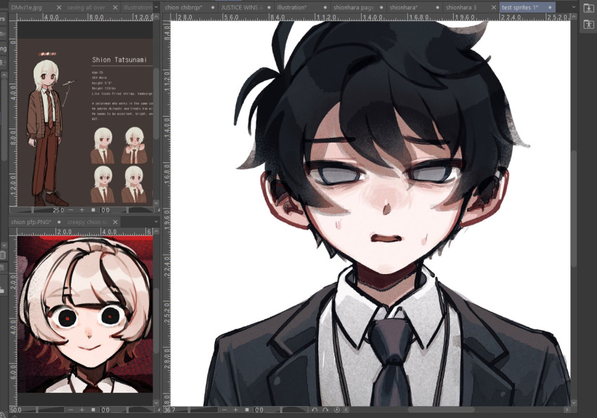 2boys akinashi_haru art_program_in_frame black_hair black_jacket black_necktie clip_studio_paint collared_shirt commentary double-parted_bangs empty_eyes english_commentary grey_eyes hair_between_eyes jacket lanyard multiple_boys multiple_views necktie open_clothes open_jacket open_mouth saihate_eki shirt short_hair sidelocks simple_background solo_focus suit_jacket sweat tatsunami_shion tosteurmori wavy_mouth white_background white_shirt