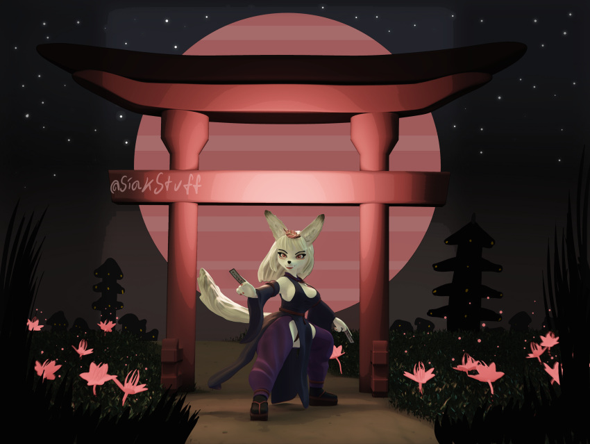 3d_(artwork) absurd_res anthro asian_clothing asian_mythology big_breasts big_ears bottomwear breasts canid canine clothed clothing digital_media_(artwork) east_asian_clothing east_asian_mythology female fox hair hi_res japanese_clothing japanese_mythology japanese_text leaf_on_head mammal mythology onmyoji orange_eyes pants purple_bottomwear purple_clothing purple_pants siakstuff skimpy small_waist solo talisman text white_body white_hair wide_hips