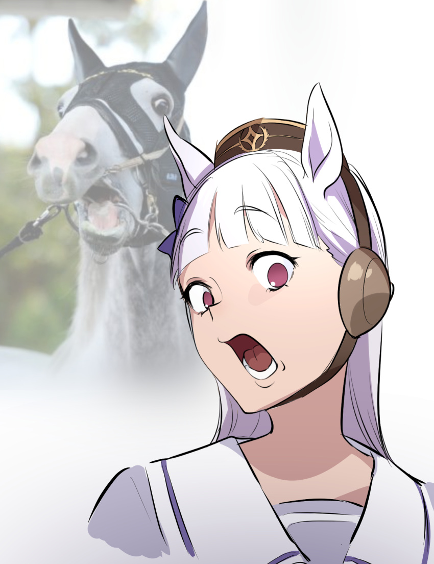 1girl animal_ears bangs blunt_bangs bow brown_headwear creature_and_personification ear_bow empty_eyes gold_ship_(racehorse) gold_ship_(umamusume) grey_hair highres horse horse_ears horse_girl long_hair photo-referenced pillbox_hat purple_bow purple_eyes purple_shirt real_life rumiko_(sabakuuneko) school_uniform serafuku shirt tracen_school_uniform umamusume upper_body