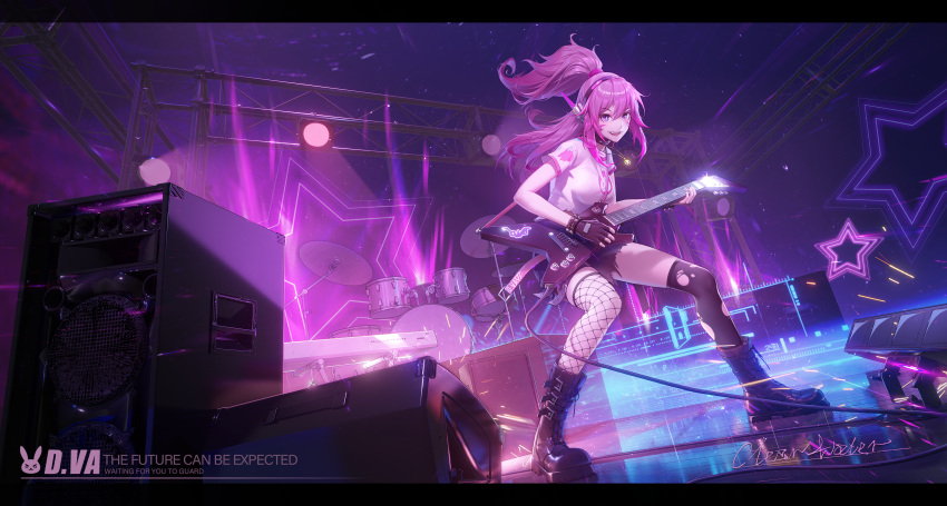 1girl absurdres alternate_costume alternate_hairstyle animal_print artist_name asymmetrical_legwear belt belt_buckle black_shorts black_thighhighs boots bracelet brown_hair buckle bunny_print cable casual character_name choker clear_water combat_boots commentary_request cross-laced_footwear cymbals d.va_(overwatch) drum electric_guitar emblem facial_mark fishnet_legwear fishnets full_body gleam glint guitar headphones highres hologram insignia instrument jewelry keyboard_(instrument) lace-up_boots letterboxed long_hair looking_at_viewer mismatched_legwear music necklace neon_lights open_mouth overwatch pendant pink_hair playing_instrument ponytail rock_band shirt short_shorts short_sleeves shorts signature single_thighhigh smile solo sparks speaker spiked_bracelet spiked_choker spikes stage stage_lights star-shaped_pupils star_(symbol) symbol-shaped_pupils t-shirt thigh_belt thigh_strap thighhighs torn_clothes torn_shorts whisker_markings white_shirt