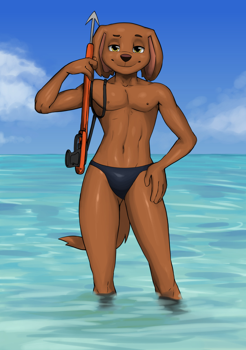 absurd_res anthro athletic bird_dog black_clothing black_speedo black_swimwear black_underwear blue_sky brown_body brown_fur brown_nipples brown_nose brown_tail canid canine canis clothing cloud diacordst domestic_dog eyebrows fluffy fluffy_tail fur hand_on_hip harpoon harpoon_gun hi_res hunting_dog labrador male mammal melee_weapon navel nipples paw_patrol pecs polearm pose raised_eyebrow retriever scuba_diver scuba_gear sea sky slim smile smirk smug solo spear speedo standing_in_water swimwear tight_clothing underwear water weapon yellow_eyes zuma_(paw_patrol)