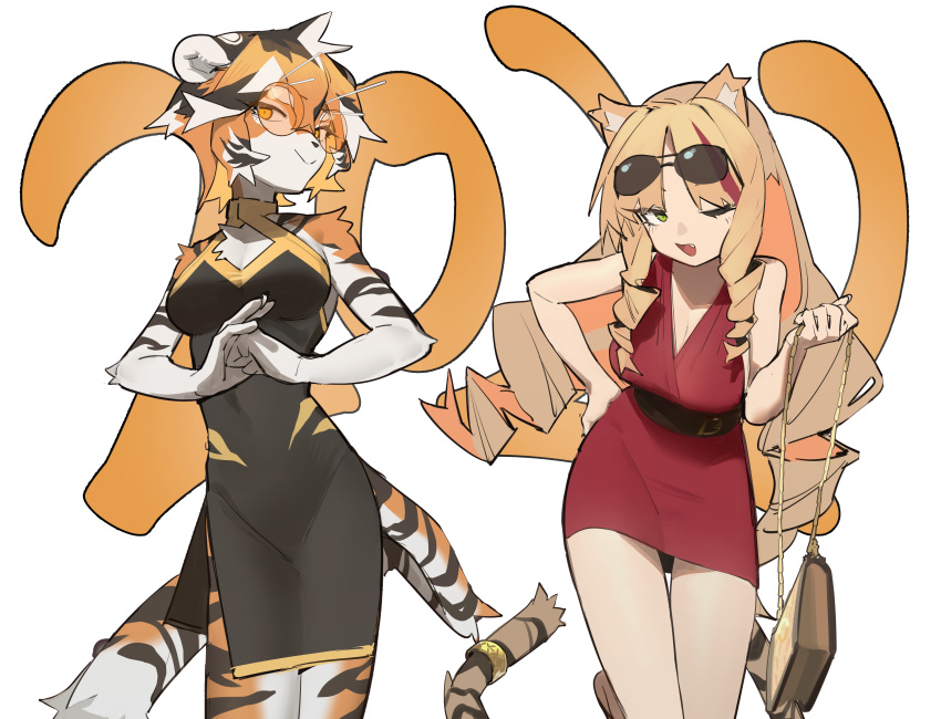 2022 2girls ;d absurdres alternate_costume animal_ear_fluff animal_ears arknights bag bare_arms bare_legs bare_shoulders belt black_dress black_hair blonde_hair breasts china_dress chinese_clothes chinese_zodiac cleavage closed_mouth dress drill_hair eyewear_on_head fang furry green_eyes hand_on_hip handbag highres jianpan_xiafang_de_da_kongge leaning_forward leg_up looking_at_viewer medium_breasts multicolored_hair multiple_girls one_eye_closed orange_eyes orange_hair red_dress red_hair rimless_eyewear ringlets round_eyewear short_hair sleeveless sleeveless_dress smile smug standing standing_on_one_leg streaked_hair sunglasses swire_(arknights) tail tail_ornament tail_ring thigh_gap tiger_ears tiger_girl tiger_tail two-tone_hair waai_fu_(arknights) white_hair year_of_the_tiger