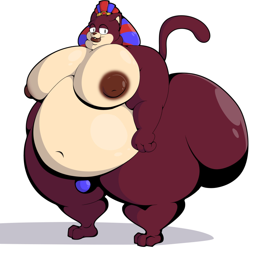 absurd_res anthro big_breasts big_butt big_nipples blue_clothing breasts brown_body brown_fur butt clothing domestic_cat egyptian_clothing egyptian_headdress electronic_arts felid feline felis fur g-string glistening glistening_body hi_res huge_butt hyper hyper_butt kat_tut kylefrommicrosoft male mammal moobs nemes_(clothing) nipples overweight overweight_male peggle popcap_games solo underwear video_games