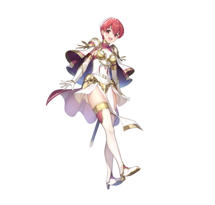 1girl absurdres armor bangs belt boots breasts capelet circlet commentary_request dress elbow_gloves est_(fire_emblem) fire_emblem fire_emblem_echoes:_shadows_of_valentia fire_emblem_heroes gloves gold_trim high_heels highres jewelry kousei_horiguchi looking_at_viewer medium_breasts official_art open_mouth pelvic_curtain pink_eyes pink_hair shiny shiny_hair short_dress short_hair shoulder_armor simple_background smile solo thigh_boots turtleneck white_background white_dress white_footwear white_gloves