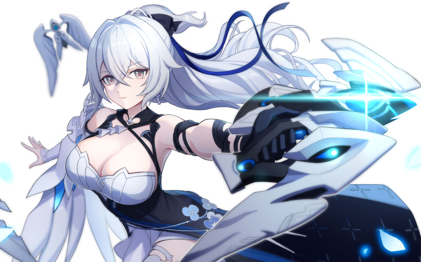 1girl absurdres arched_back arm_ribbon armor armpits bare_shoulders black_dress black_gloves breasts bronya_zaychik bronya_zaychik_(silverwing:_n-ex) cleavage closed_mouth dress drone glint gloves grey_eyes gun hair_ribbon half_updo highres holding holding_gun holding_weapon honkai_(series) honkai_impact_3rd jiachong_jun_z large_breasts outstretched_arms pauldrons ribbon shoulder_armor simple_background single_pauldron sleeveless sleeveless_dress solo weapon white_background white_hair