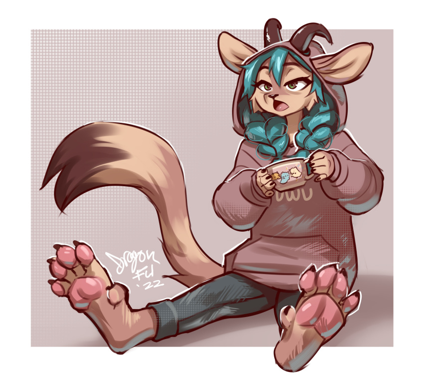 2022 4_toes 5_fingers absurd_res anthro braided_hair breasts clothed clothing digital_media_(artwork) dragonfu eyebrows eyelashes feet female fingers green_eyes hair hi_res horn toes tongue