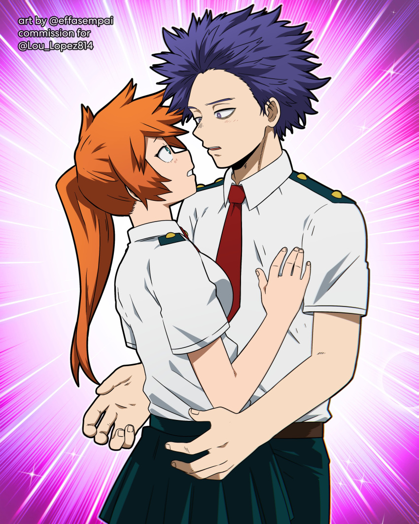 1boy 1girl absurdres blue_hair boku_no_hero_academia breasts effasempai from_behind green_eyes hand_on_own_chest highres kendou_itsuka large_breasts long_hair looking_at_another necktie open_mouth orange_hair school_uniform shinsou_hitoshi short_hair spiked_hair teeth