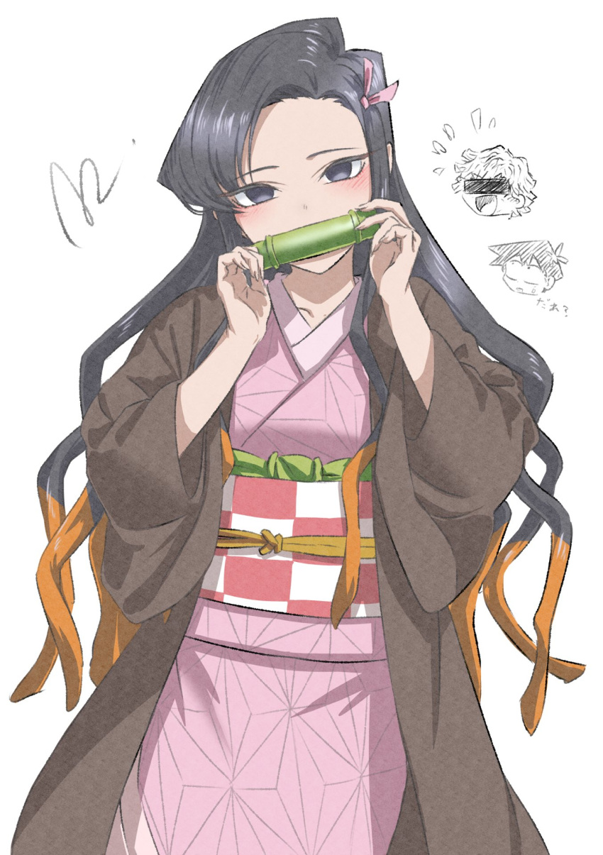 1girl 2boys asa_no_ha_(pattern) bamboo bit_gag black_eyes black_hair blush character_request checkered_haori checkered_sash forehead gag haori head_tilt highres japanese_clothes kamado_nezuko kimetsu_no_yaiba kimono komi-san_wa_komyushou_desu komi_shouko long_hair looking_at_viewer mitsugu mouth_hold multicolored_hair multiple_boys obi oni orange_hair pink_kimono pink_ribbon ribbon sash solo_focus streaked_hair tadano_hitohito white_background