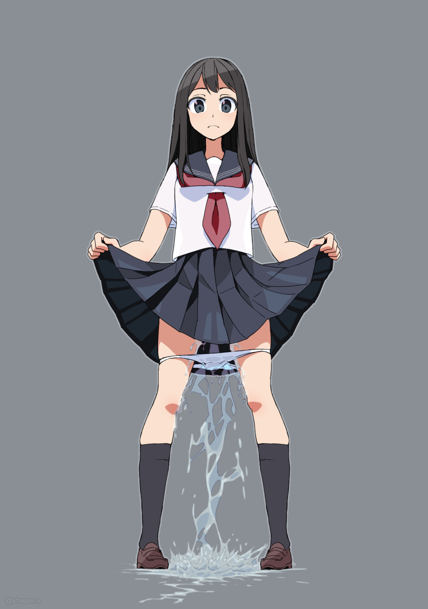 1girl artist_name bangs black_eyes black_hair black_sailor_collar black_skirt black_socks blush brown_footwear closed_mouth clothes_lift commentary_request dated_commentary expressionless flat_chest full_body grey_background grey_outline highres legs_apart lifted_by_self light_blush long_hair looking_at_viewer miniskirt neckerchief original panties panty_pull pee peeing peeing_self pigeon-toed pleated_skirt puddle red_neckerchief sailor_collar school_uniform serafuku shapoco shirt shoes short_sleeves sidelocks simple_background skindentation skirt skirt_lift socks solo standing straight-on twitter_username underwear watermark wet wet_clothes wet_panties white_panties white_shirt