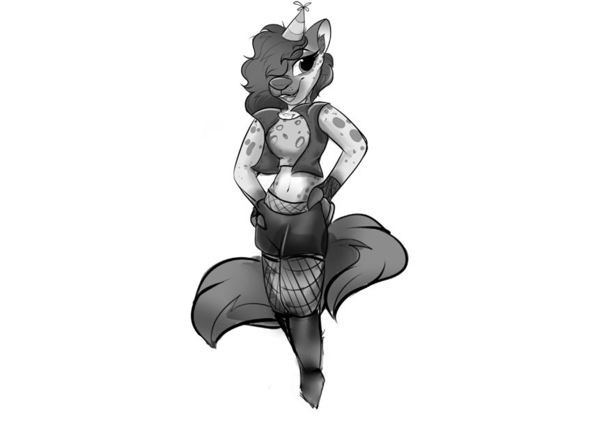 anthro baja_gryphon birthday_hat bottomwear clothing digital_media_(artwork) female fishnet helena_(bonk6) hi_res hyaenid jacket mammal shorts sketch solo spots spotted_body spotted_hyena topwear