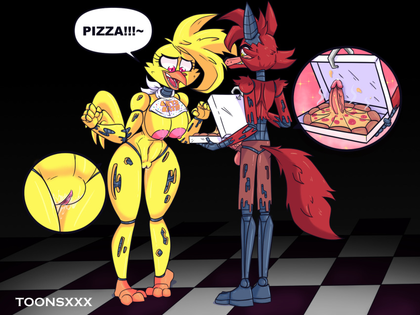 animatronic anthro areola avian big_breasts big_butt big_penis bird bodily_fluids breasts butt canid canine chica_(fnaf) chicken clitoris cum duo ejaculation female five_nights_at_freddy's five_nights_at_freddy's_2 food fox foxy_(fnaf) galliform gallus_(genus) genital_fluids genitals hi_res machine male male/female mammal nipples_visible_through_clothing penis phasianid pizza pizza_box precum pussy pussy_ejaculation pussy_juice robot scottgames toonsxxx video_games withered_chica_(fnaf) withered_foxy_(fnaf)