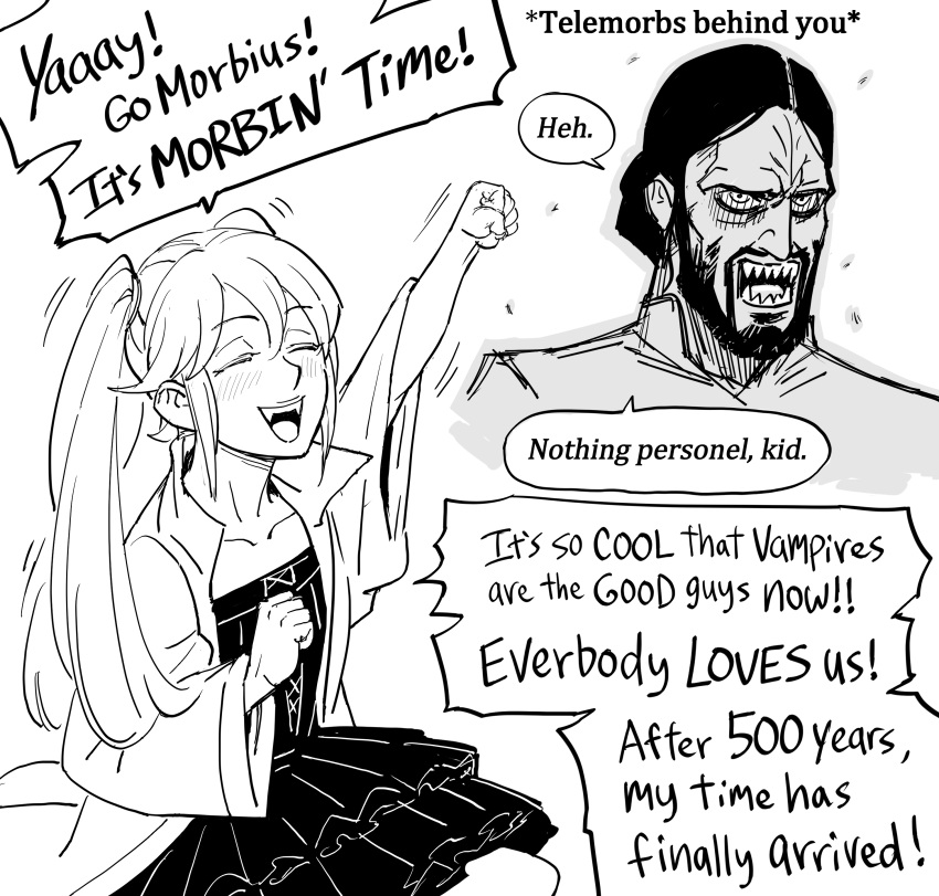 1boy 1girl absurdres bb_(baalbuddy) beard black_dress closed_eyes dress english_text facial_hair happy highres it's_morbin'_time_(meme) jared_leto left-to-right_manga marvel meme monochrome morbius morbius_(film) nothing_personal_kid_(meme) original raised_fist sharp_teeth speech_bubble teeth twintails vampire