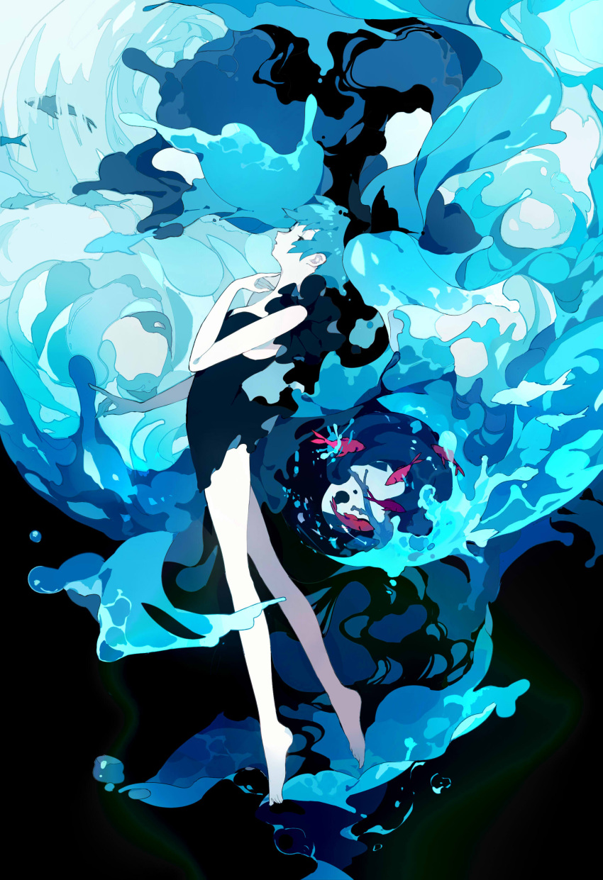 1girl absurdly_long_hair absurdres air_bubble animal bangs bare_arms bare_legs bare_shoulders barefoot black_background black_dress blue_hair blue_theme bubble colored_skin dress fish floating_hair from_side full_body hand_up hatsune_miku heart highres leaning_back liquid_hair long_hair looking_away looking_up n79oqc3yja6jlof parted_lips plantar_flexion profile reaching shinkai_shoujo_(vocaloid) short_dress sleeveless sleeveless_dress solo tiptoes twintails very_long_hair vocaloid water white_skin