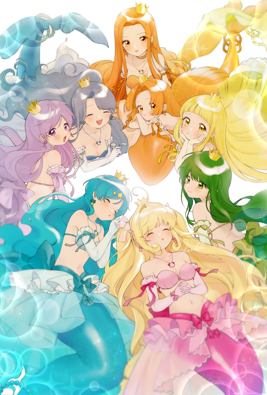 6+girls absurdres ahoge arm_ribbon back bangs bare_shoulders bikini blonde_hair blue_bow blue_gloves blue_hair blue_ribbon blue_skirt blunt_bangs blush bow breasts caren_(mermaid_melody_pichi_pichi_pitch) choker cleavage closed_eyes closed_mouth coco_(mermaid_melody_pichi_pichi_pitch) collarbone commentary_request crown earrings elbow_gloves gloves green_bow green_eyes green_gloves green_hair green_ribbon group_picture hair_between_eyes hair_ornament hands_on_own_chin hands_on_own_stomach head_rest highres hime_cut houshou_hanon jewelry kirita_ohana lens_flare long_hair looking_at_another looking_at_viewer lying lying_on_lap medium_breasts mermaid mermaid_melody_pichi_pichi_pitch midriff mini_crown mole mole_under_eye monster_girl multiple_girls nanami_lucia navel necklace noel_(mermaid_melody_pichi_pichi_pitch) on_back on_lap on_stomach open_mouth orange_choker orange_eyes orange_hair orange_ribbon own_hands_together parted_bangs parted_lips pink_bow pink_gloves pink_ribbon pink_skirt purple_eyes purple_gloves purple_hair purple_ribbon ribbon sara_(mermaid_melody_pichi_pichi_pitch) see-through see-through_skirt seira_(mermaid_melody_pichi_pichi_pitch) shell shell_bikini shell_earrings shell_necklace short_hair sidelocks signature simple_background sitting skirt sleeping smile star_(symbol) star_earrings star_hair_ornament swimsuit tail tail_ornament tail_raised touin_rina twintails very_long_hair white_background wrist_bow yellow_eyes yellow_gloves