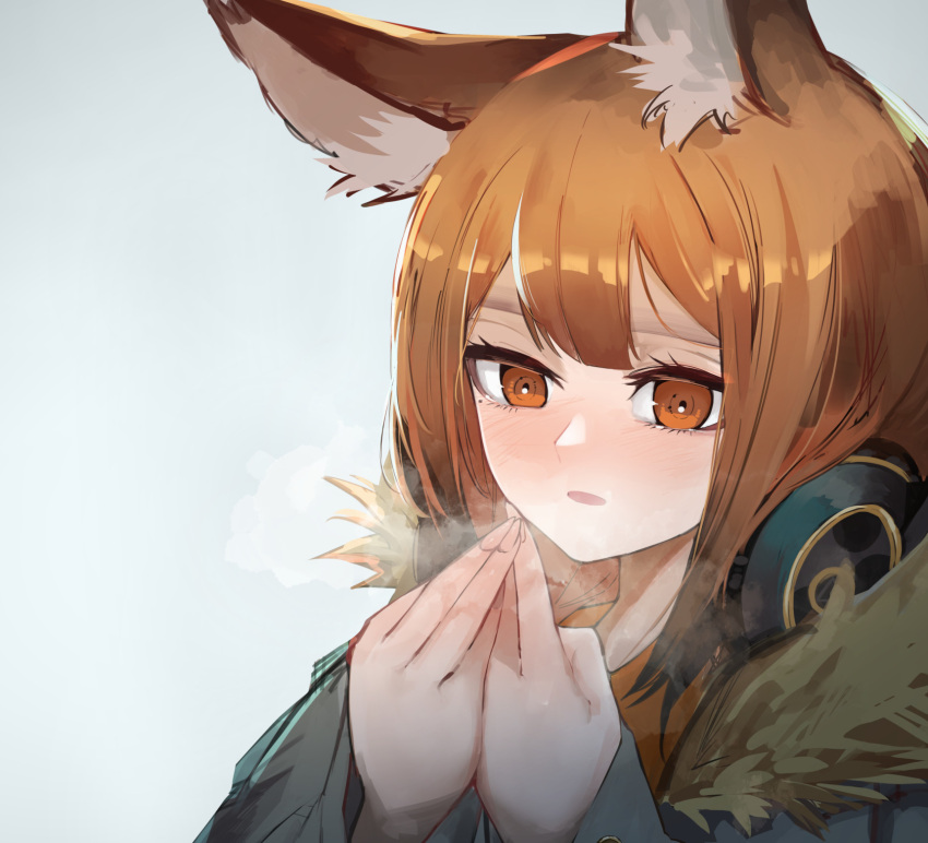 1girl animal_ears ao_oni_(onioni-aoi) arknights black_jacket breath brown_eyes brown_hair fur-trimmed_jacket fur_trim grey_background hands_up headphones headphones_around_neck highres jacket long_hair long_sleeves portrait ratatos_browntail_(arknights) simple_background solo squirrel_ears squirrel_girl