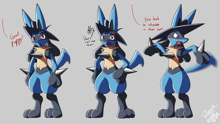16:9 animated anthro blue_body blue_fur blush bodily_fluids canid canine clothing eparihser fur good_boy hat headgear headwear lucario male mammal nintendo open_mouth pok&eacute;mon pok&eacute;mon_(species) red_eyes short_playtime spikes sweat tail_motion tailwag text video_games widescreen