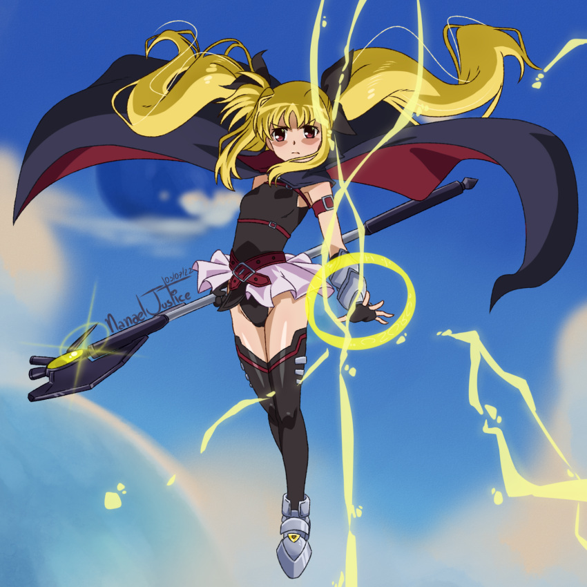 1girl arm_belt bardiche black_leotard black_thighhighs blonde_hair blue_sky cape fate_testarossa fingerless_gloves floating full_body gloves glowing highres leotard long_hair looking_at_viewer lyrical_nanoha mahou_shoujo_lyrical_nanoha miniskirt nanaeljustice pink_skirt red_eyes skirt sky solo thighhighs twintails