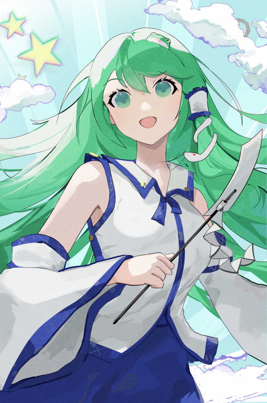 1girl absurdres blue_skirt cloud daedalu detached_sleeves gohei green_hair hair_ornament highres kochiya_sanae long_hair open_mouth shirt skirt smile star_(symbol) touhou white_shirt