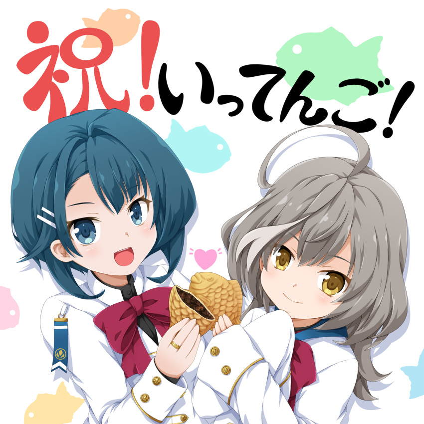 2girls :d ahoge aizawa_kazuha anniversary assault_lily asymmetrical_hair bangs black_shirt blue_eyes blue_hair bow bowtie buttons closed_mouth collared_shirt commentary_request crossed_arms drop_shadow fingernails fish_background food food_bite fukaiton grey_hair hair_behind_ear hair_between_eyes hair_ornament hairclip hand_up hands_up heart herensuge_girls_academy_school_uniform highres holding holding_food jacket jewelry light_blush long_hair long_sleeves looking_at_viewer looking_up medium_hair multicolored_hair multiple_girls open_mouth red_bow red_bowtie ring sasaki_ran school_uniform shirt side-by-side sleeves_past_fingers sleeves_past_wrists smile star_(symbol) streaked_hair taiyaki teeth translation_request upper_body upper_teeth wagashi white_background white_jacket yellow_eyes