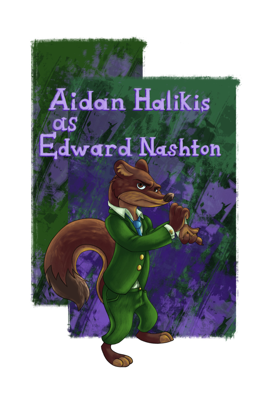 absurd_res anthro clothing cuff_links dc_comics digital_media_(artwork) green_outfit hi_res male mammal mattczu mustela mustelid musteline necktie solo suit text the_riddler true_musteline well_dressed zoo_52