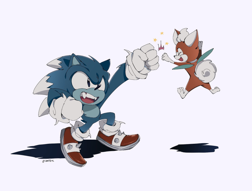 2boys :d animal_nose chip_(sonic) elasticity floating full_body furry furry_male gloves highres isa03re multiple_boys open_mouth pumpkin shoes smile sonic_(series) sonic_the_hedgehog sonic_the_werehog sonic_world_adventure spiked_footwear stretched_limb tail twitter_username white_gloves