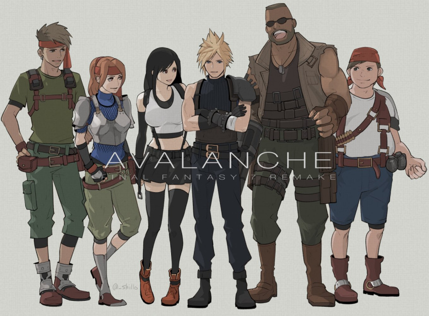 2girls 4boys armor bandana bare_shoulders barret_wallace biggs_(ff7) black_hair black_thighhighs blonde_hair blue_eyes brown_eyes brown_footwear brown_hair cloud_strife crossed_arms dark-skinned_male dark_skin detached_sleeves final_fantasy final_fantasy_vii final_fantasy_vii_remake fingerless_gloves full_body gloves headband jessie_rasberry long_hair looking_at_another multiple_boys multiple_girls plate_armor red_bandana red_eyes red_footwear red_headband shillo shirt shorts shoulder_armor skirt sleeveless sleeveless_turtleneck spiked_hair standing sunglasses suspender_skirt suspenders sweater t-shirt tank_top thighhighs tifa_lockhart turtleneck turtleneck_sweater vest wedge_(ff7) white_tank_top